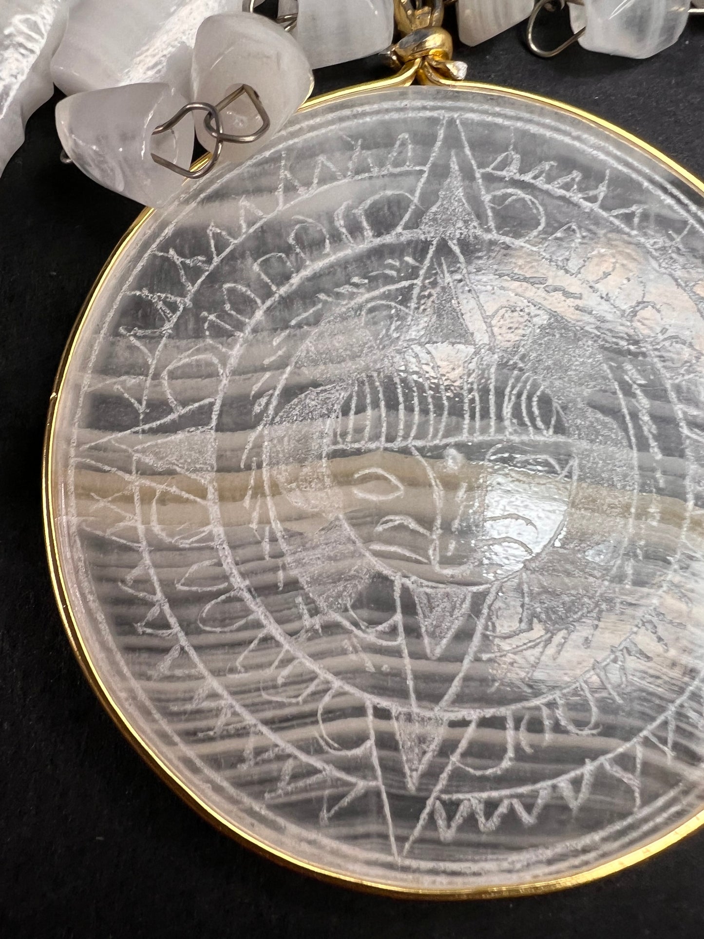 Vintage white onyx Aztec sundial 24 inch pendant necklace