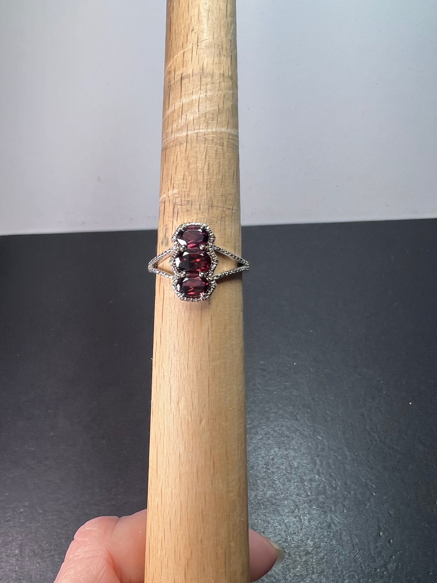 Red zircon 3 stone sterling silver ring size 9