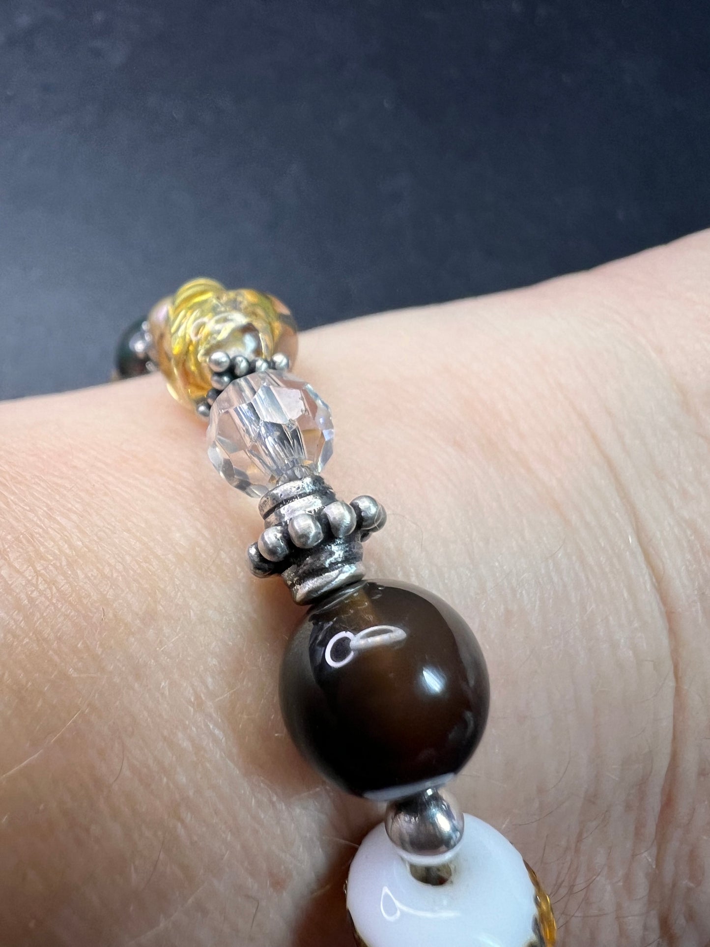 Vintage sterling silver, semi precious stones and glass toggle 8 inch bracelet