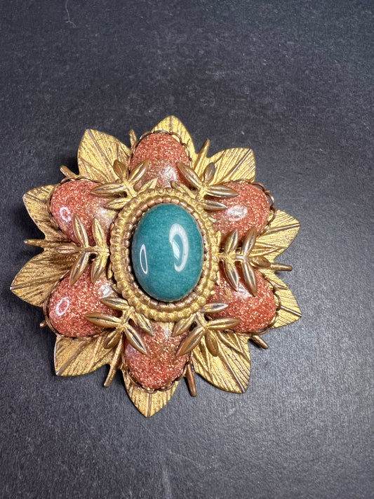 Vintage DeNicola Style Floral Brooch Gold Tone Faux Turquoise Glitter Cab