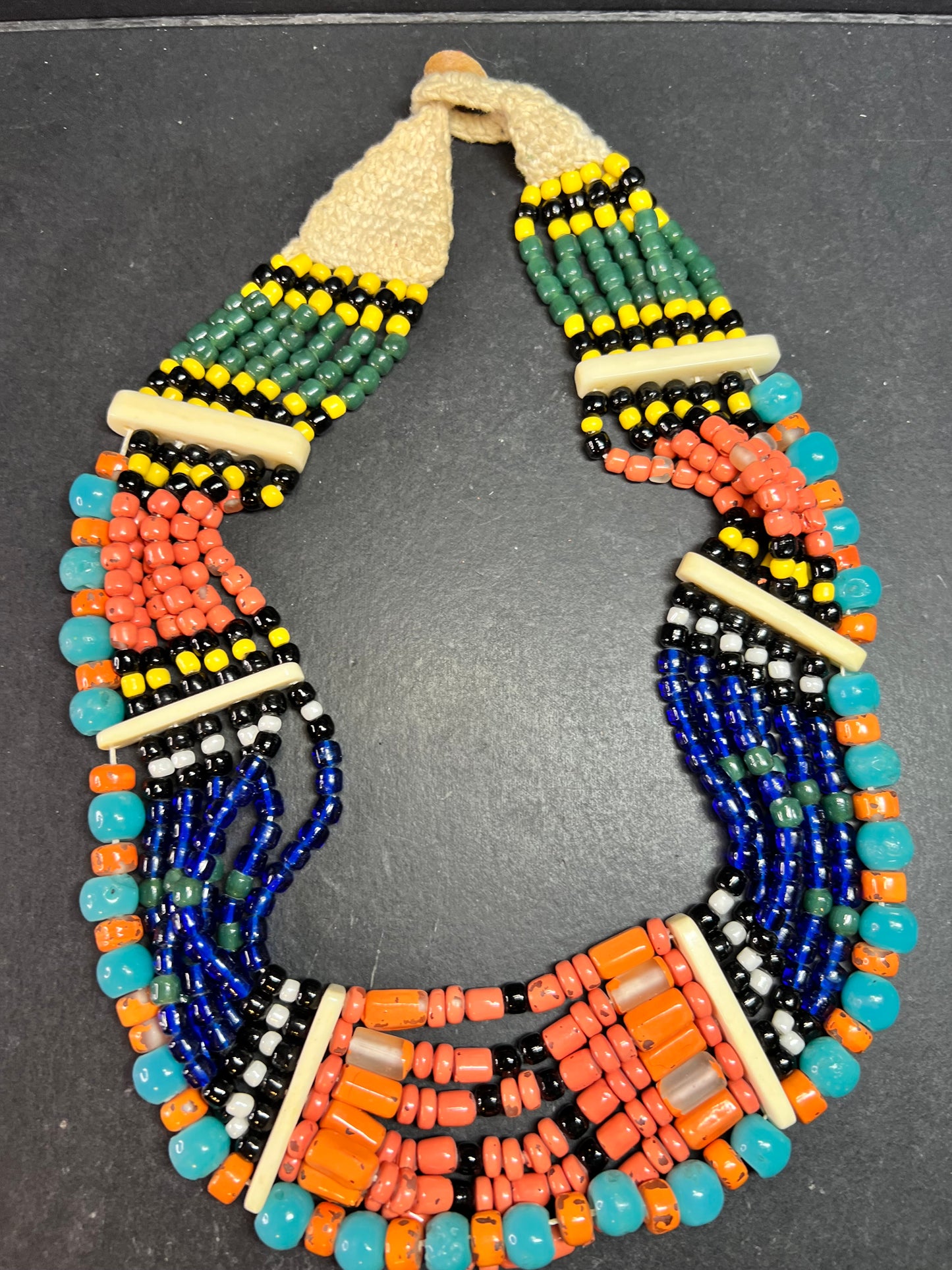 Vintage West African Influenced Multistrand Trade Bead Necklace Fiber Tie