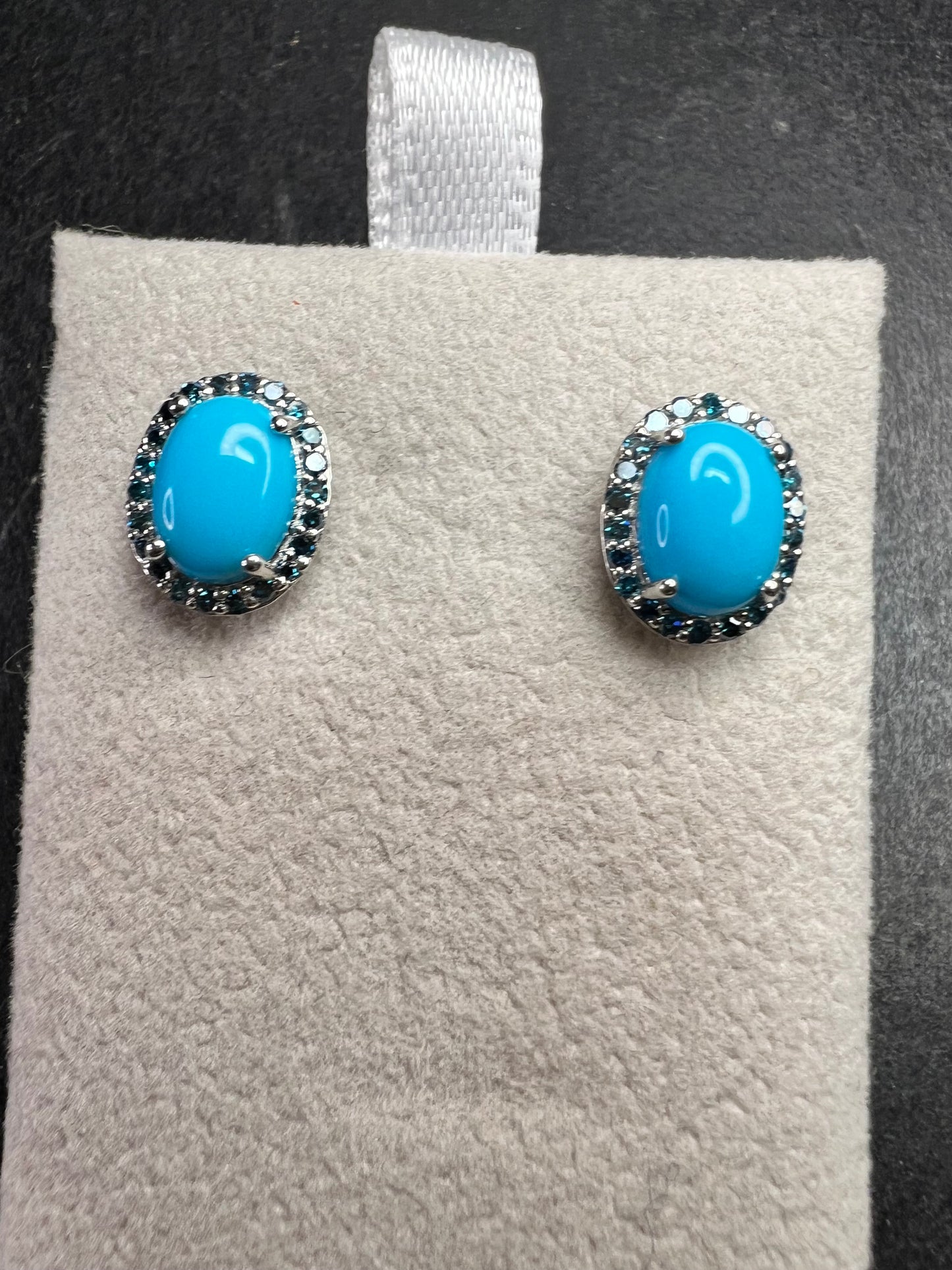 Turquoise & Blue Diamond Sterling Silver Halo Stud Earrings 925 Oval