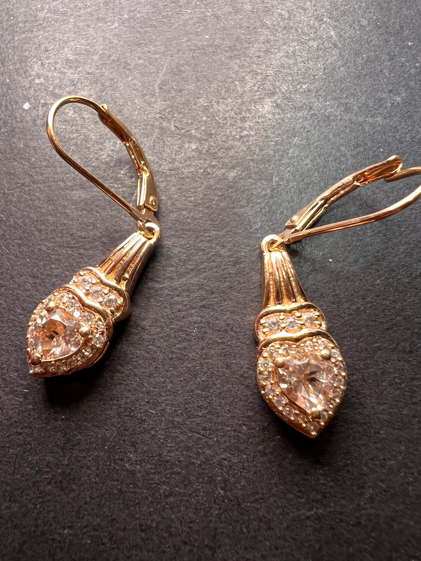 Marropino morganite and Cambodian zircon rose gold over sterling lever back heart drop earrings