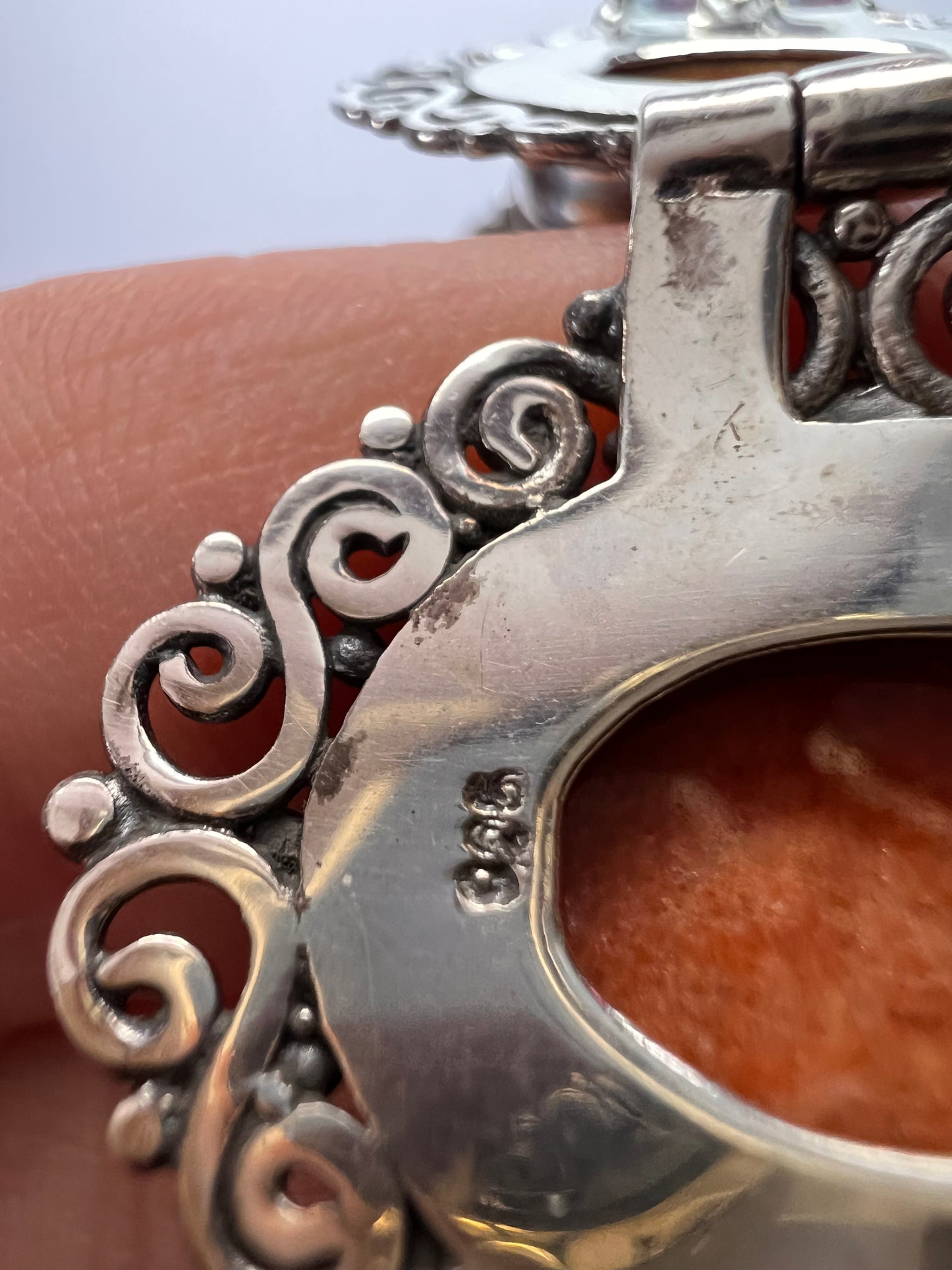 Red orange jade ornate sterling silver toggle bracelet