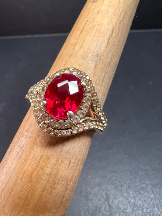 Lab Ruby and topaz halo ring in gold over sterling silver size 7