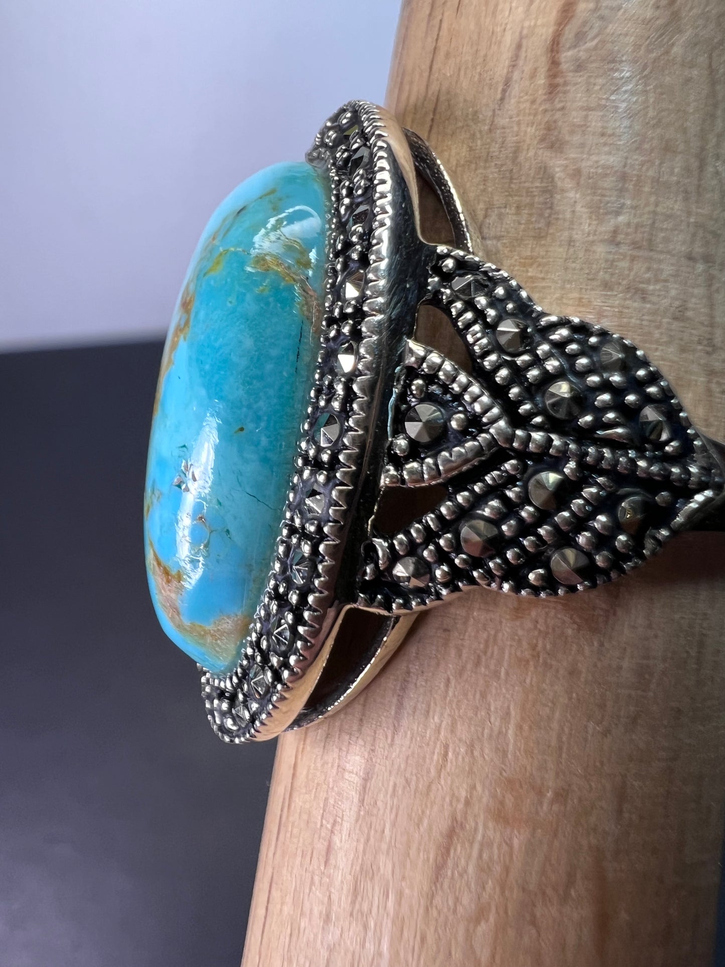 Turquoise composite sterling silver and marcasite ring size 9