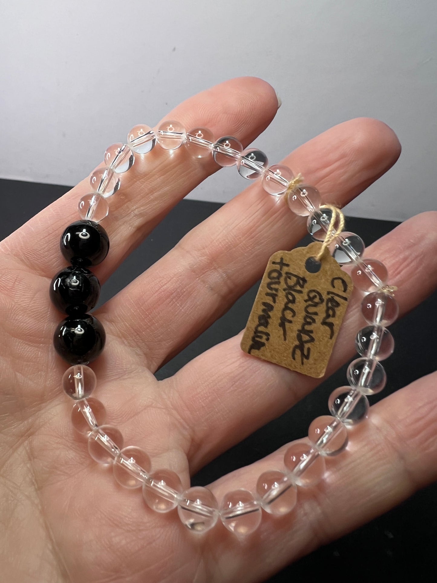 Clear quartz and black tourmaline stretch bracelet 8 inch