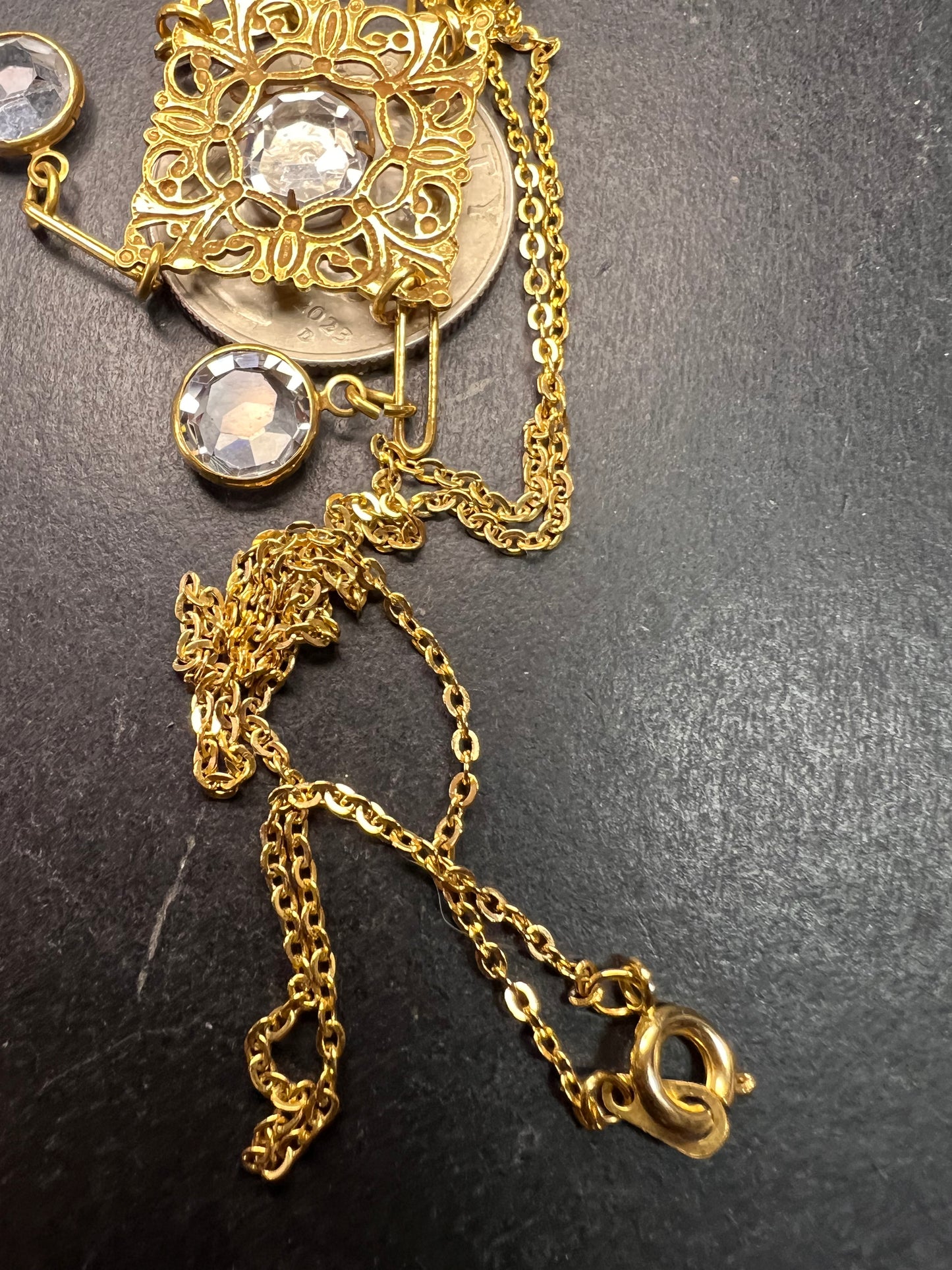 Vintage Victorian Revival Gold Tone Filigree Chandelier Necklace w/ Rivoli Glass