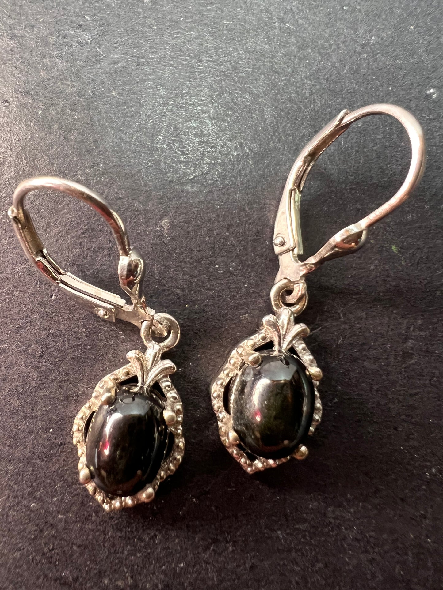 Black star sapphire sterling silver leverback earrings