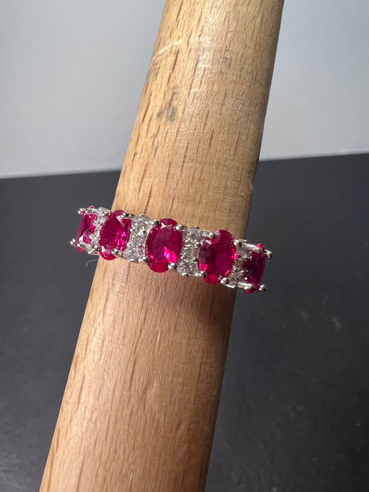 Lab ruby & White Cubic Zirconia Rhodium Over Silver Ring size 10