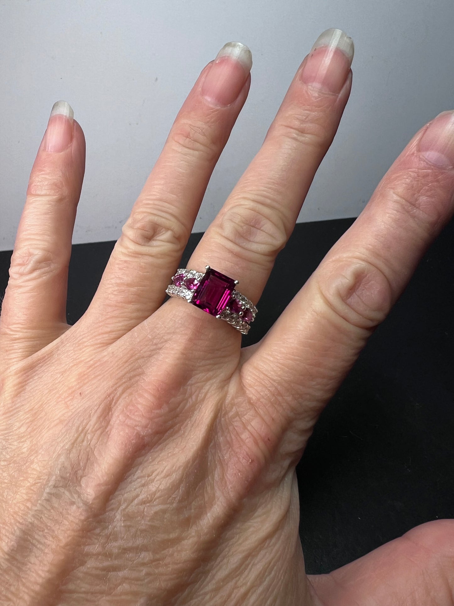 Lab pink tourmaline and white topaz statement ring size 8