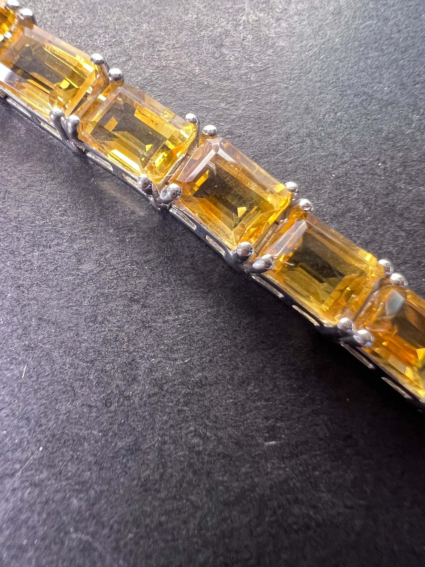 New emerald cut yellow citrine tennis bracelet in rhodium over sterling