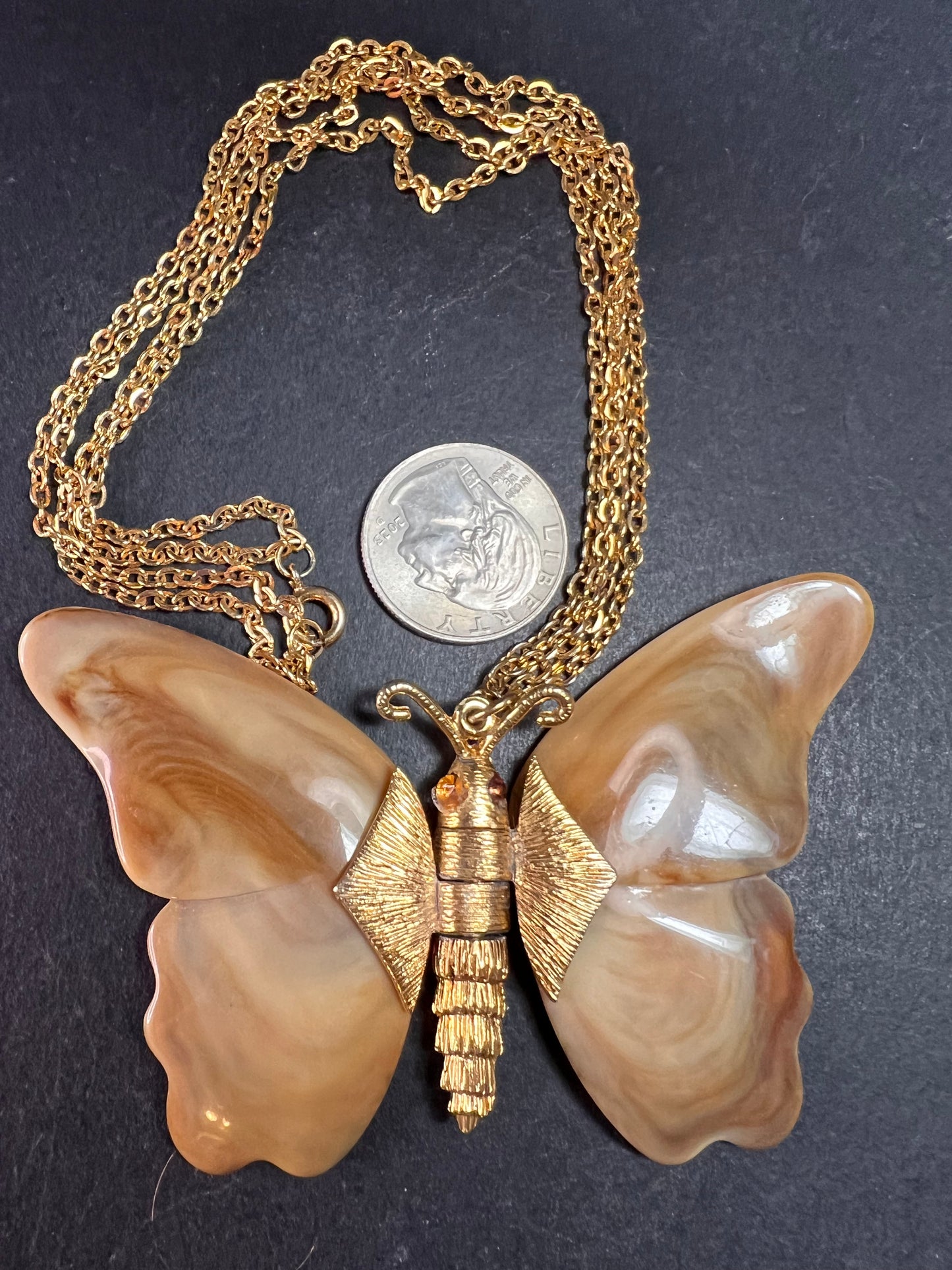 Vintage 70s Articulated Butterfly Necklace | Root Beer Marbled Wings 26"