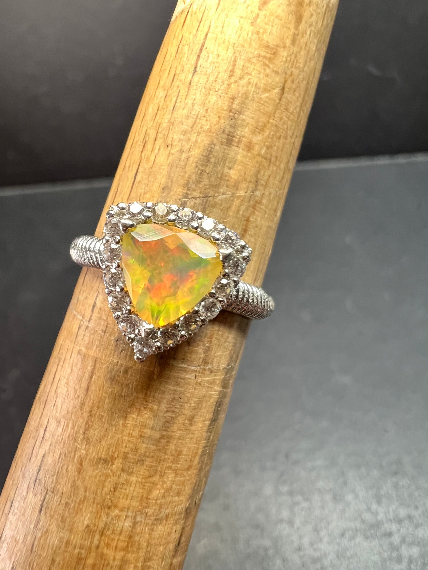 Ethiopian Opal Halo Ring Sterling Silver Size 7 Trillion Cut