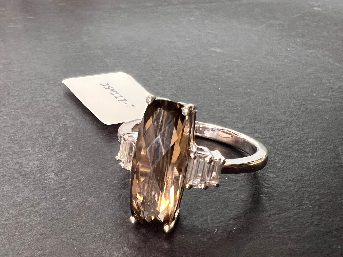 Brown Smoky Quartz With White Zircon Rhodium Over Sterling Silver Ring 3.33ctw size 7 *NEW*