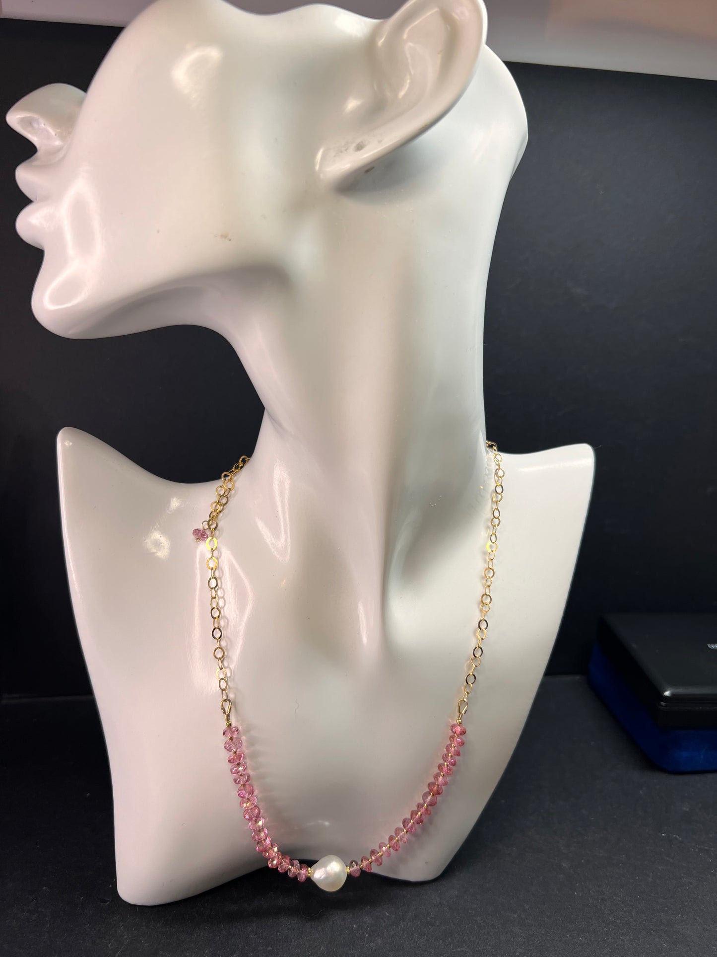 Gold Filled Necklace with Baroque Pearl and Pink Faceted Gemstone Beads