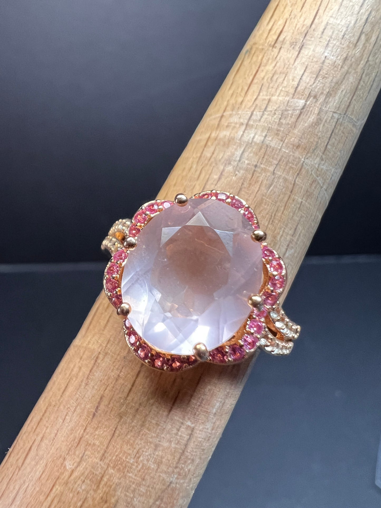 NEW Rose Quartz and lab pink sapphire rose gold over sterling silver ring size 8