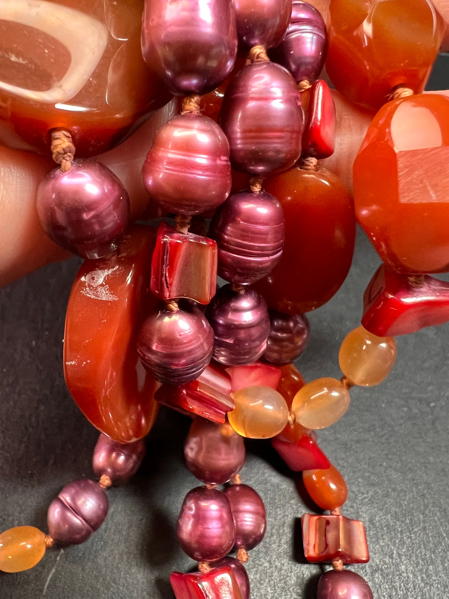 NEW carnelian and freshwater pearl multi strand necklace with sterling silver clasp