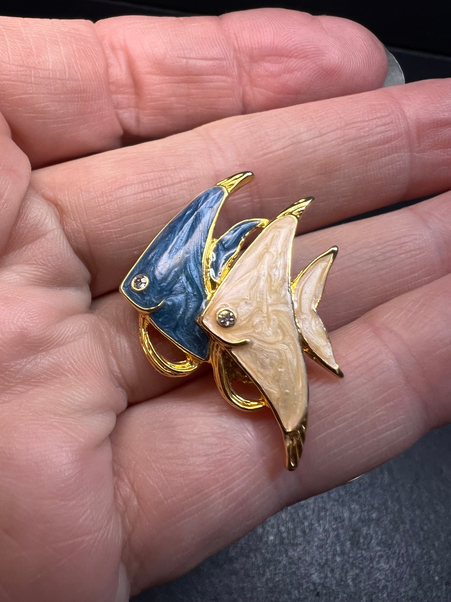 Vintage MCJ Signed Exotic Fish Gold Tone Brooch Pin - Rhinestones, Enamel