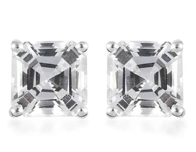 Lab white sapphire asscher cut solitaire stud earrings in sterling silver *NEW*