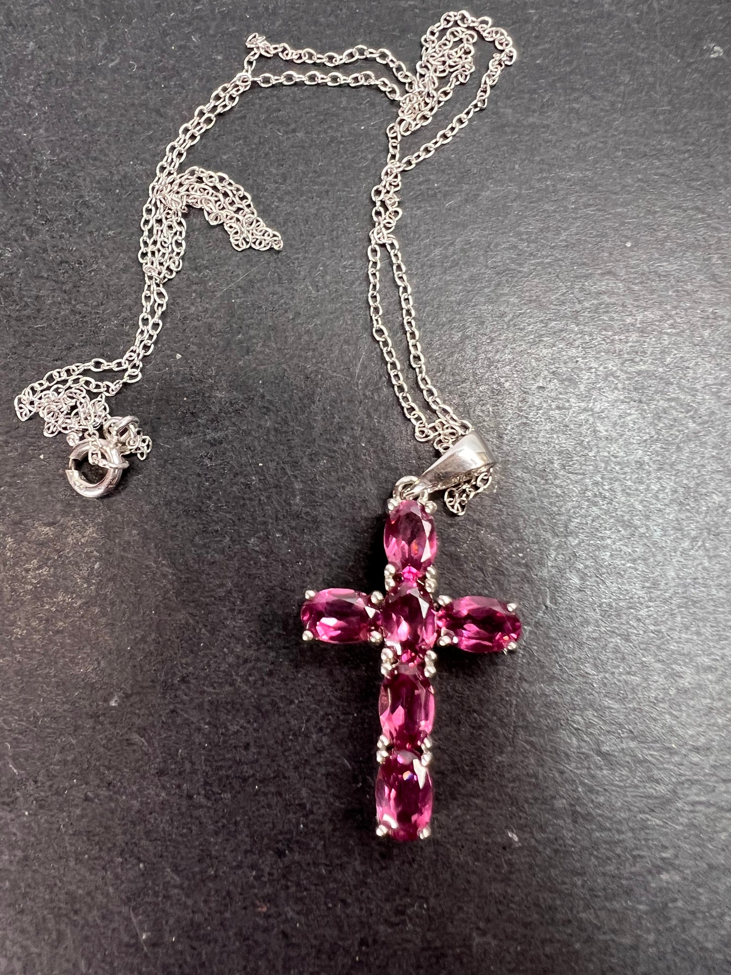 Raspberry rhodolite garnet cross pendant and chain necklace in sterling silver