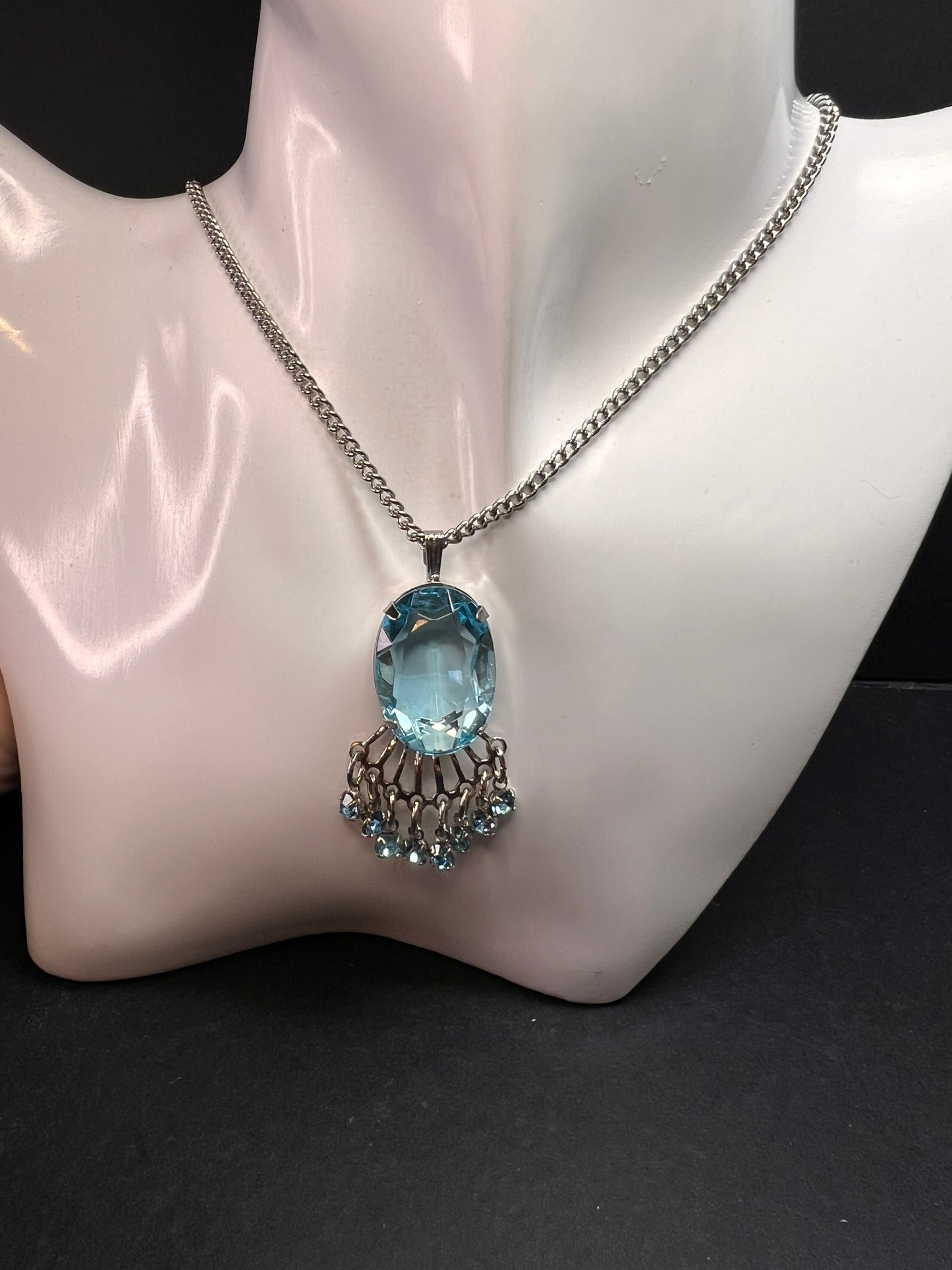 Vintage Park Lane Mid Century Blue Glass Chandelier Necklace 21”