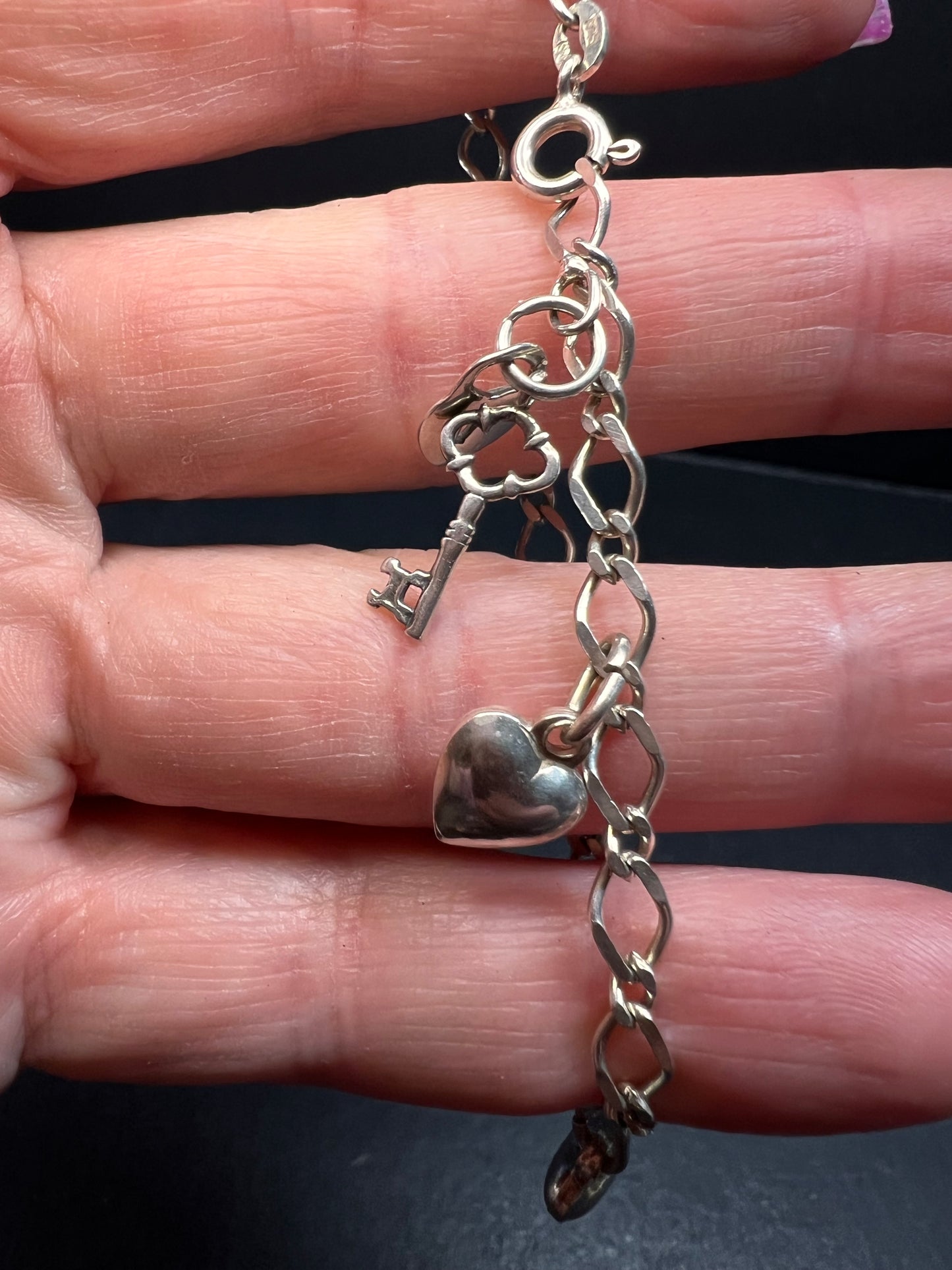 Vintage sterling silver puffy hearts lock and key charm bracelet 7.5 inch