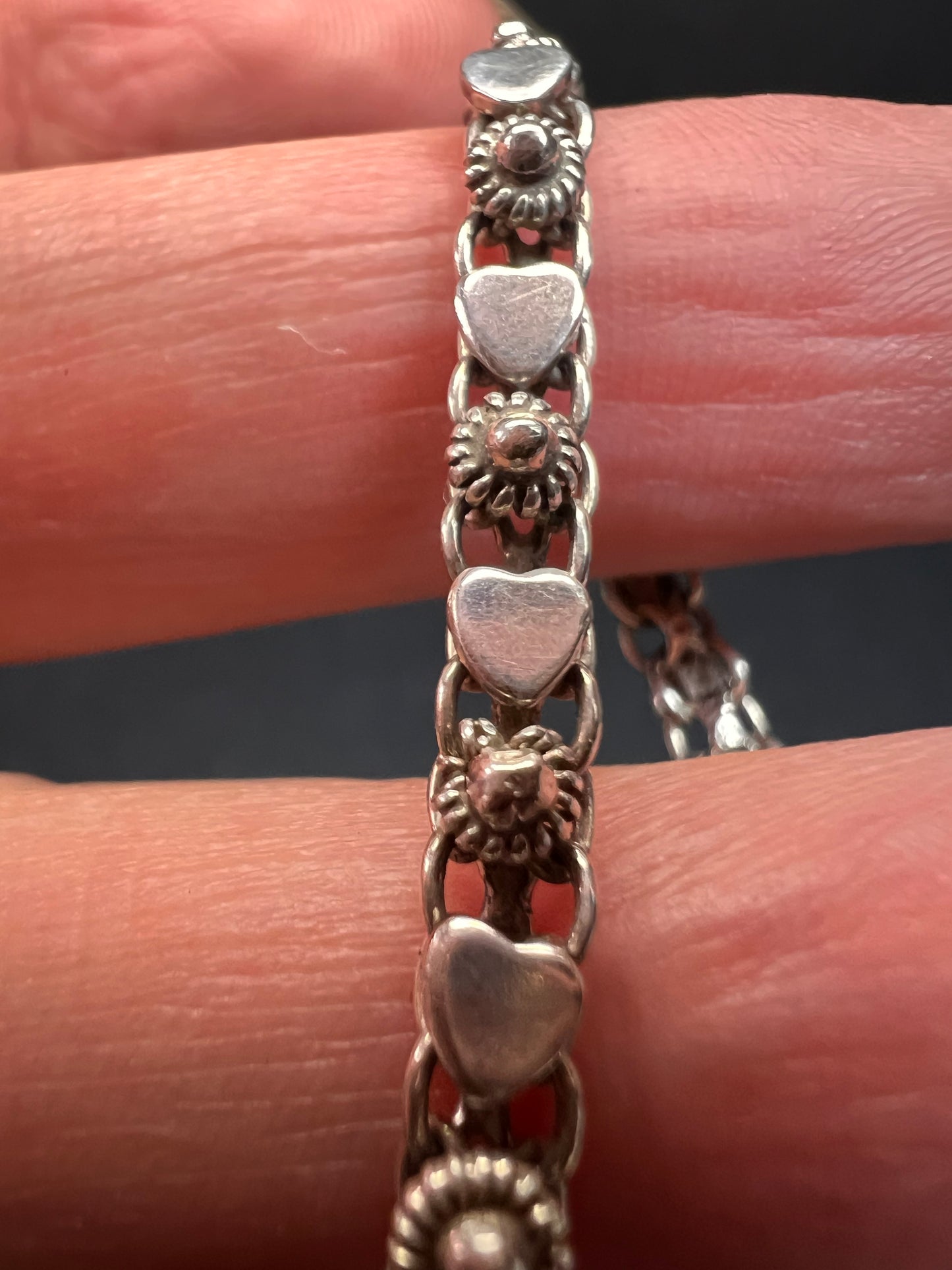 Vintage Cannetille and hearts sterling silver bracelet with charm