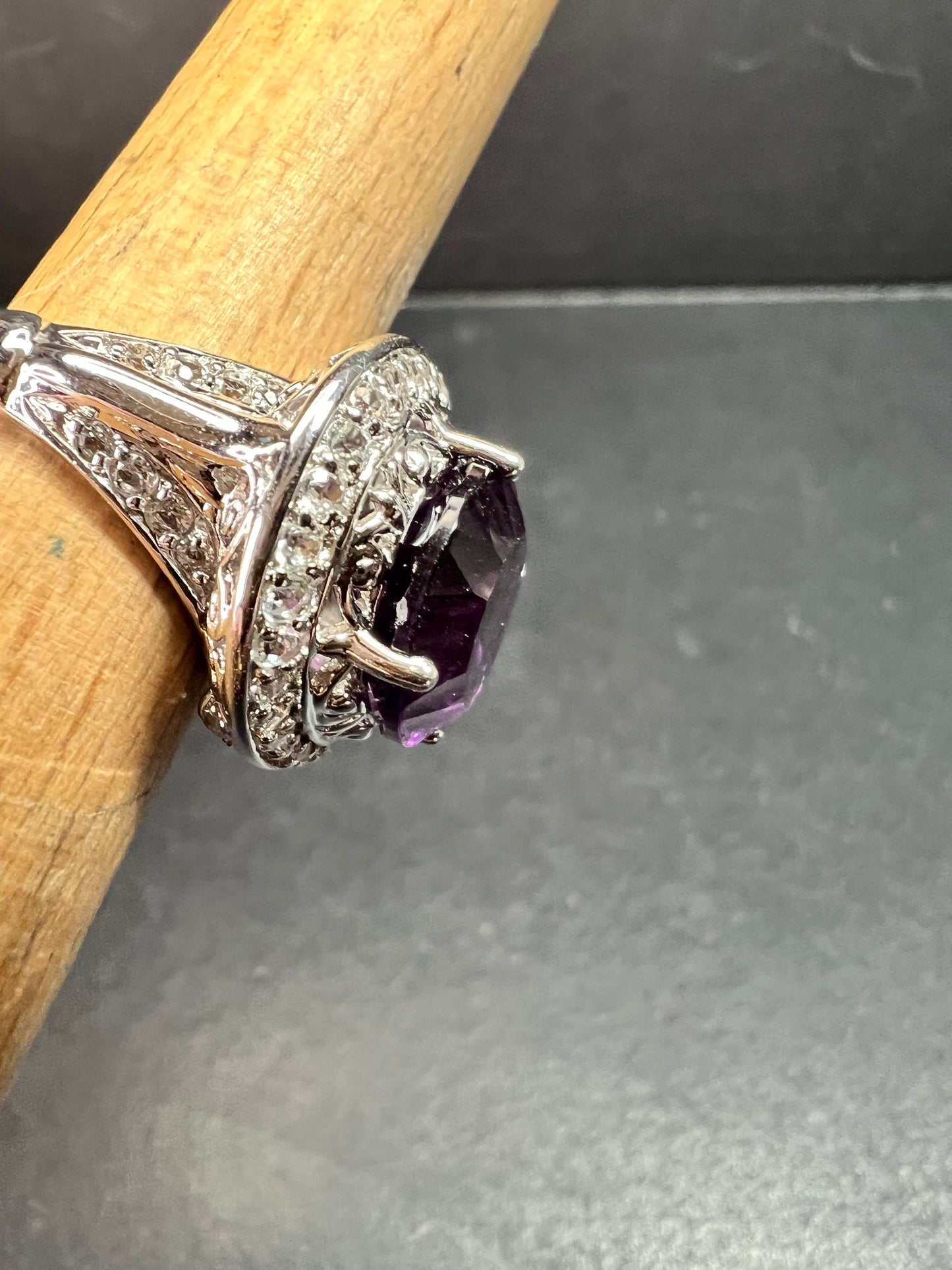 Sterling Silver Purple Fluorite & White Topaz Halo Ring Size 6
