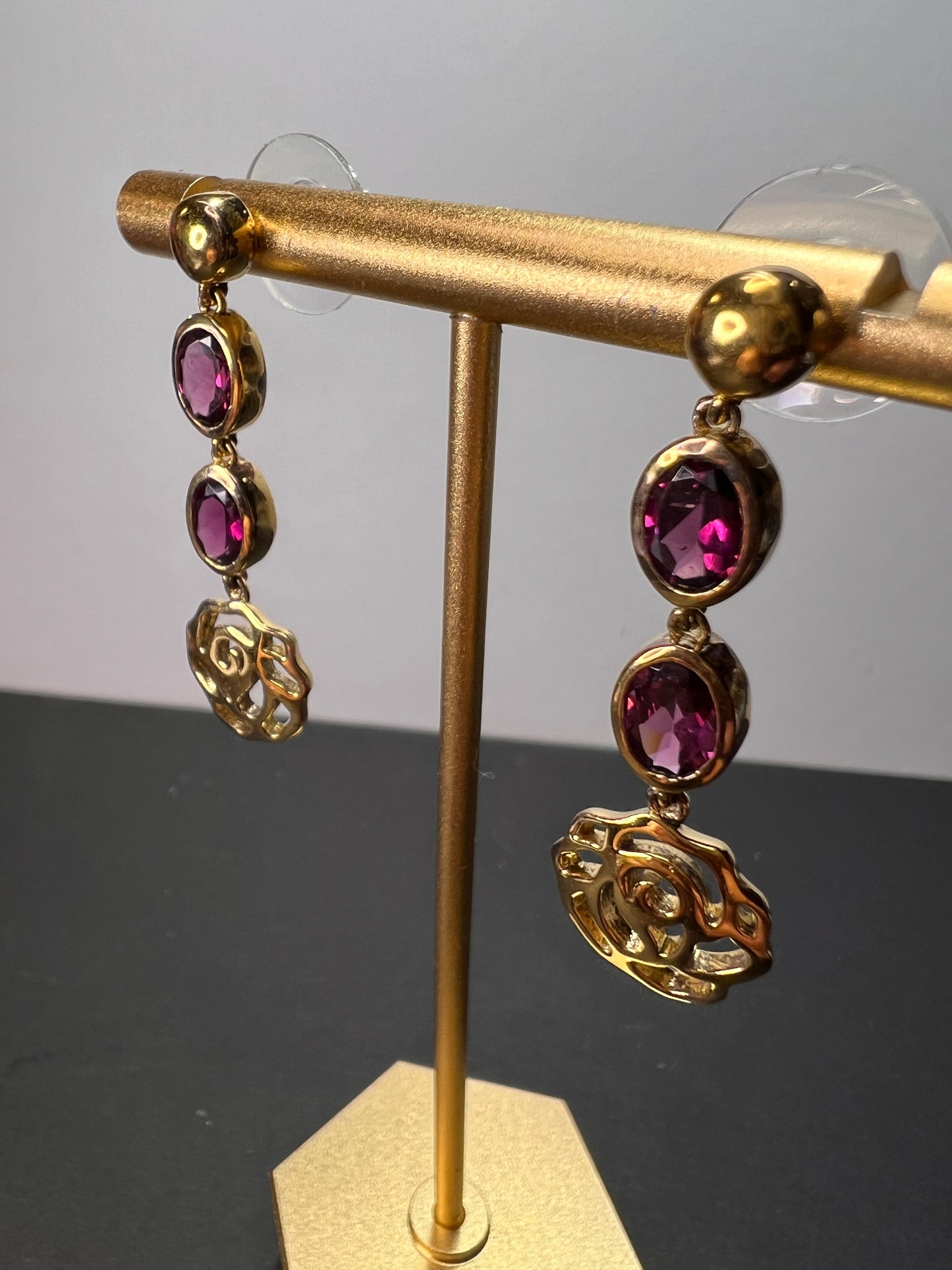 Grape rhodolite garnet dangle earrings in gold over sterling silver