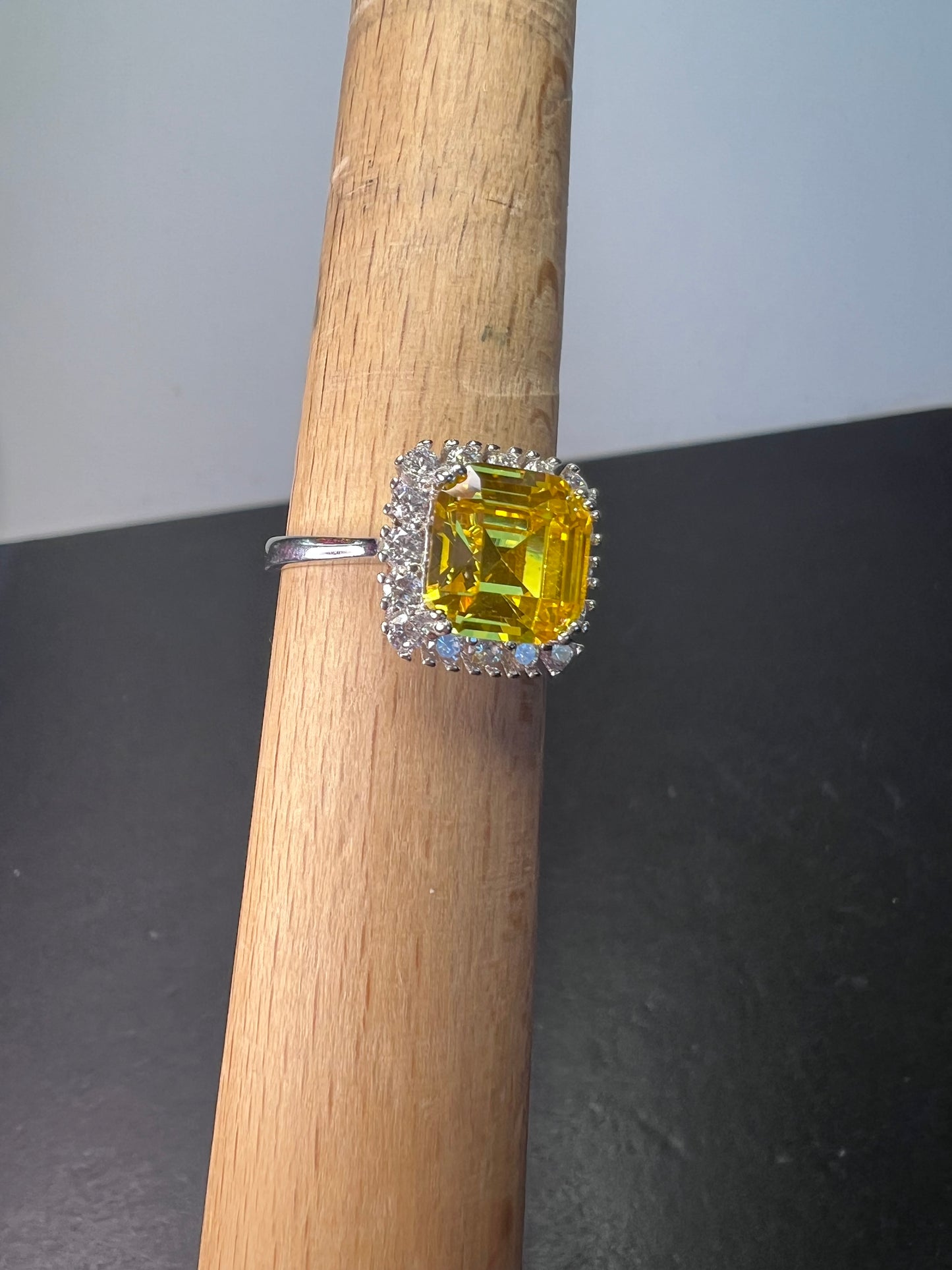 Yellow and white CZ sterling silver halo ring size 10