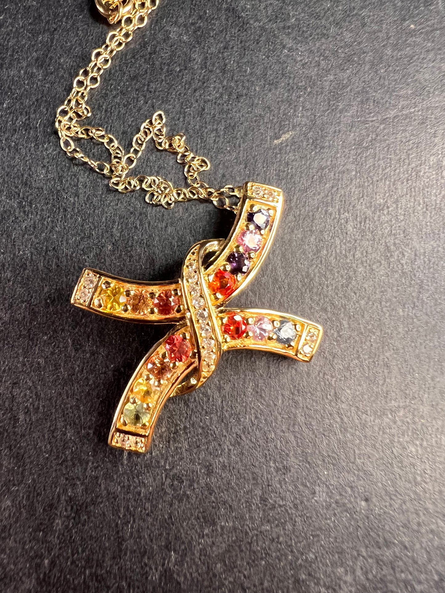 NEW Rainbow sapphire curved cross pendant and chain in gold vermeil over sterling silver