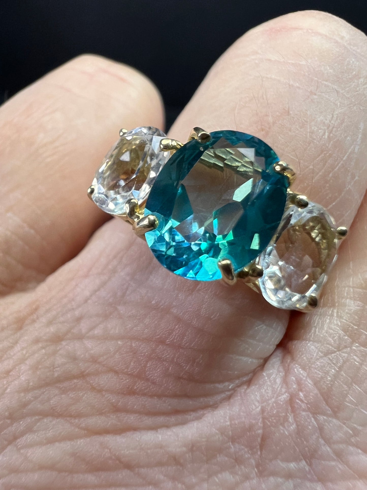Vintage 10K Yellow Gold Blue Topaz & White Topaz Three-Stone Ring – Size 7