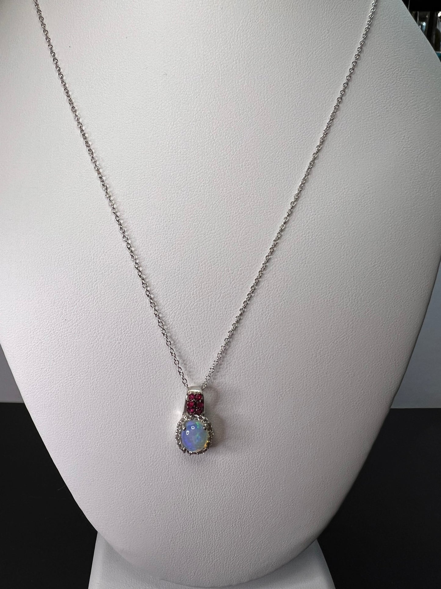 Ethiopian opal, ruby and zircon pendant and chain in platinum over sterling silver *NEW*