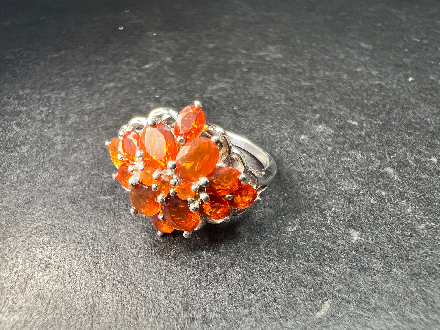 Vintage Sterling Silver Mexican Fire Opal Floral Cluster Ring Sz 9