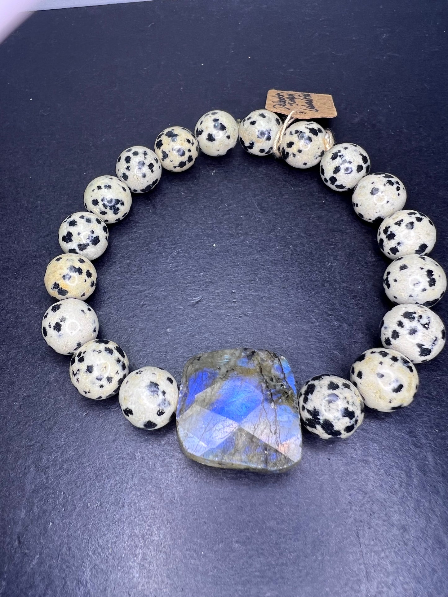 Dalmatian jasper and labradorite stretch bracelet 8 inch