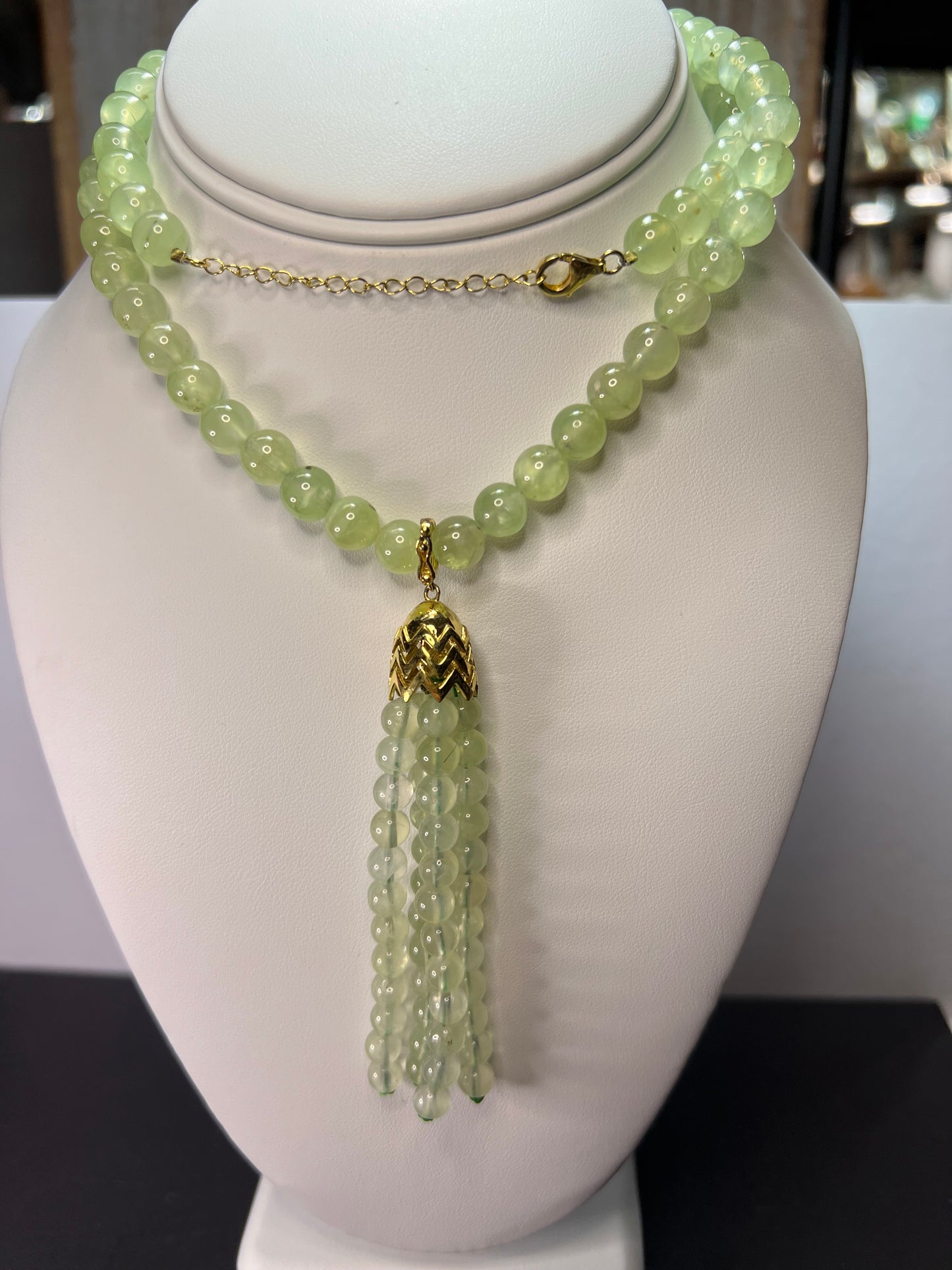 Prehnite beaded 24 inch necklace with removable tassel pendant and gold over sterling silver lobster clasp and extender