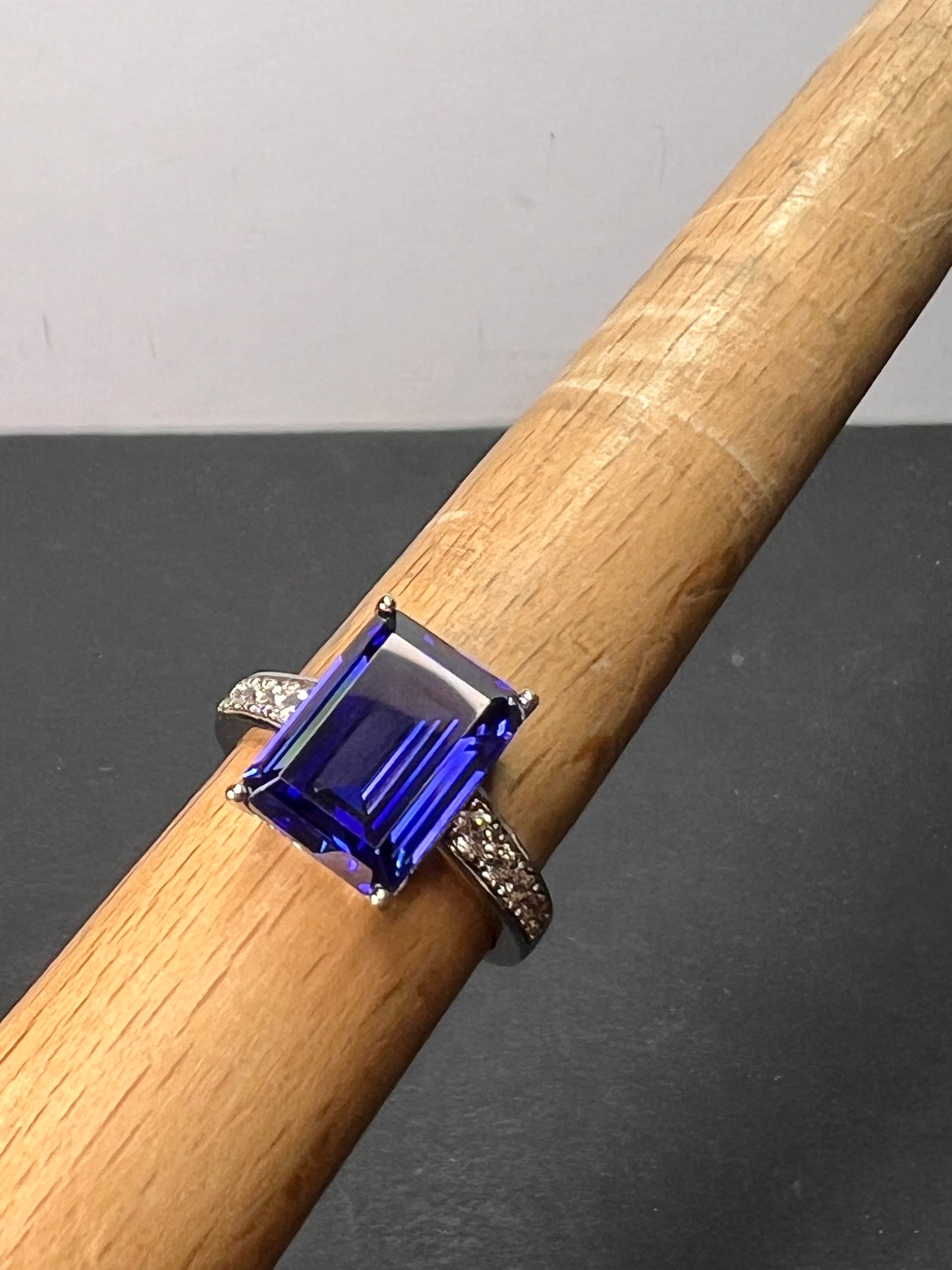 Emerald cut blue and white CZ sterling silver engagement ring 9.20 ctw size 9