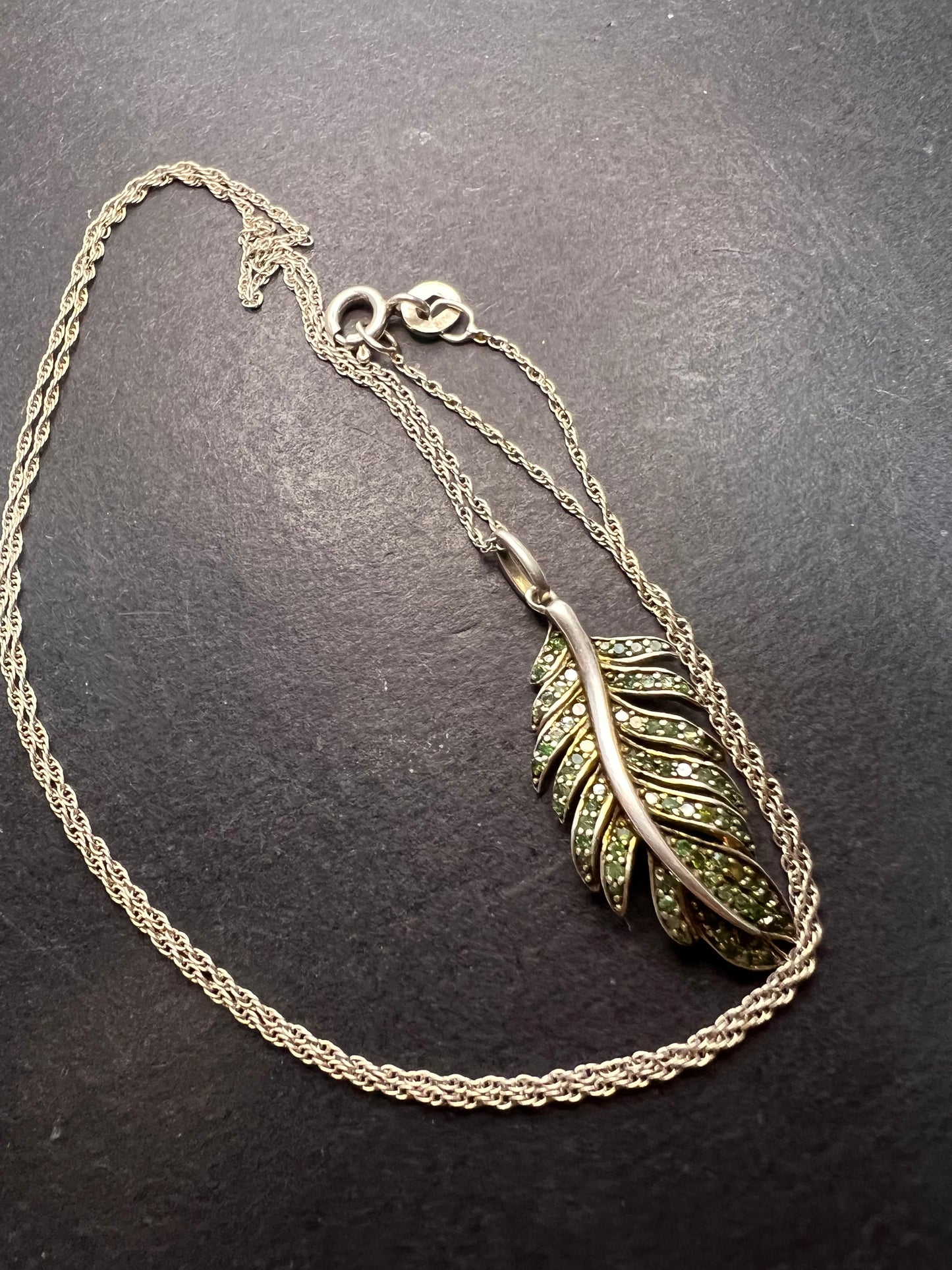 Natural green diamonds feather pendant and chain necklace in white gold over sterling silver