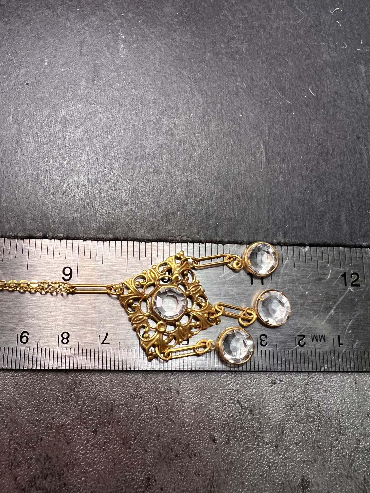 Vintage Victorian Revival Gold Tone Filigree Chandelier Necklace w/ Rivoli Glass