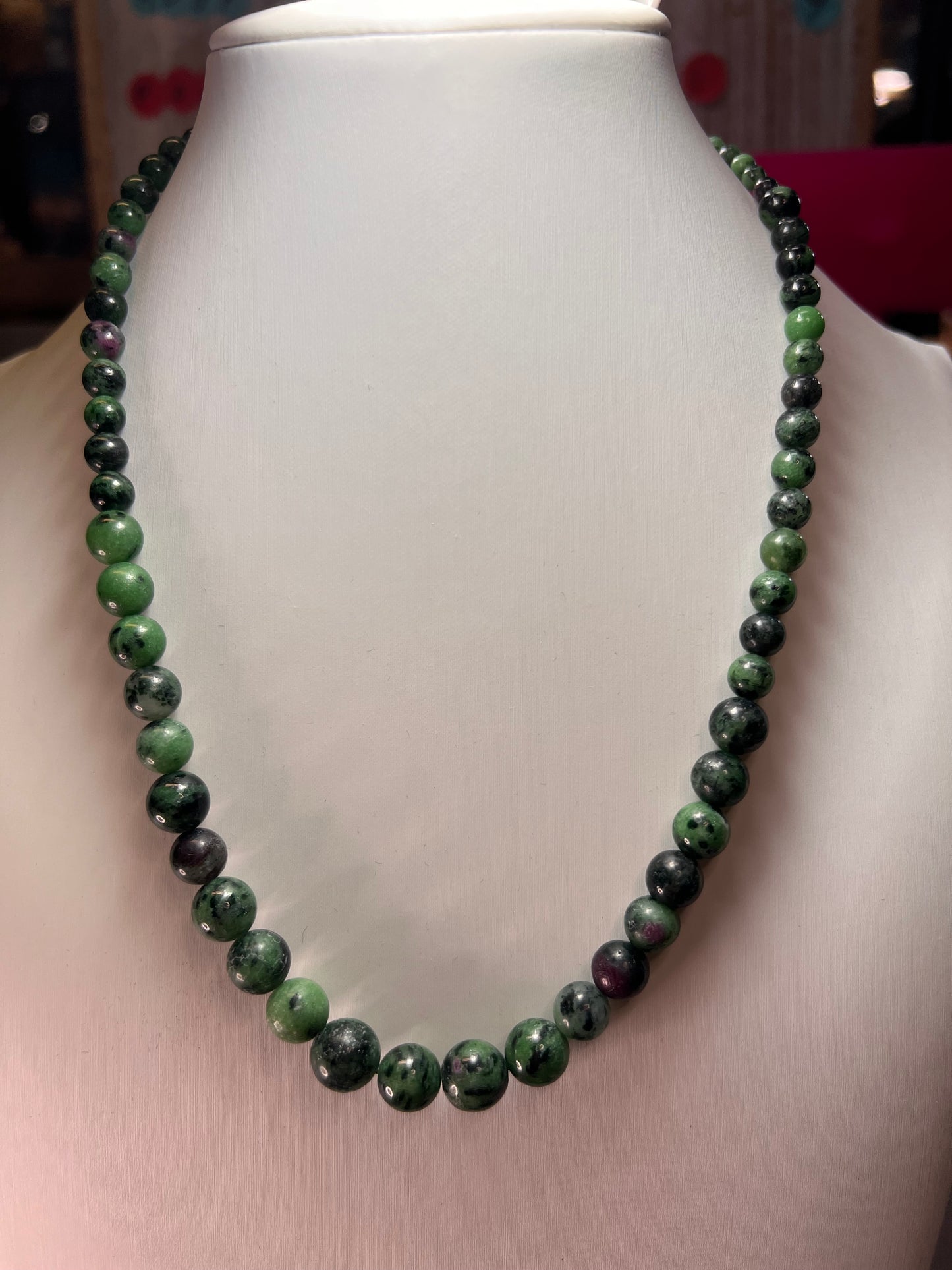 Ruby in zoisite graduated necklace with sterling silver clasp