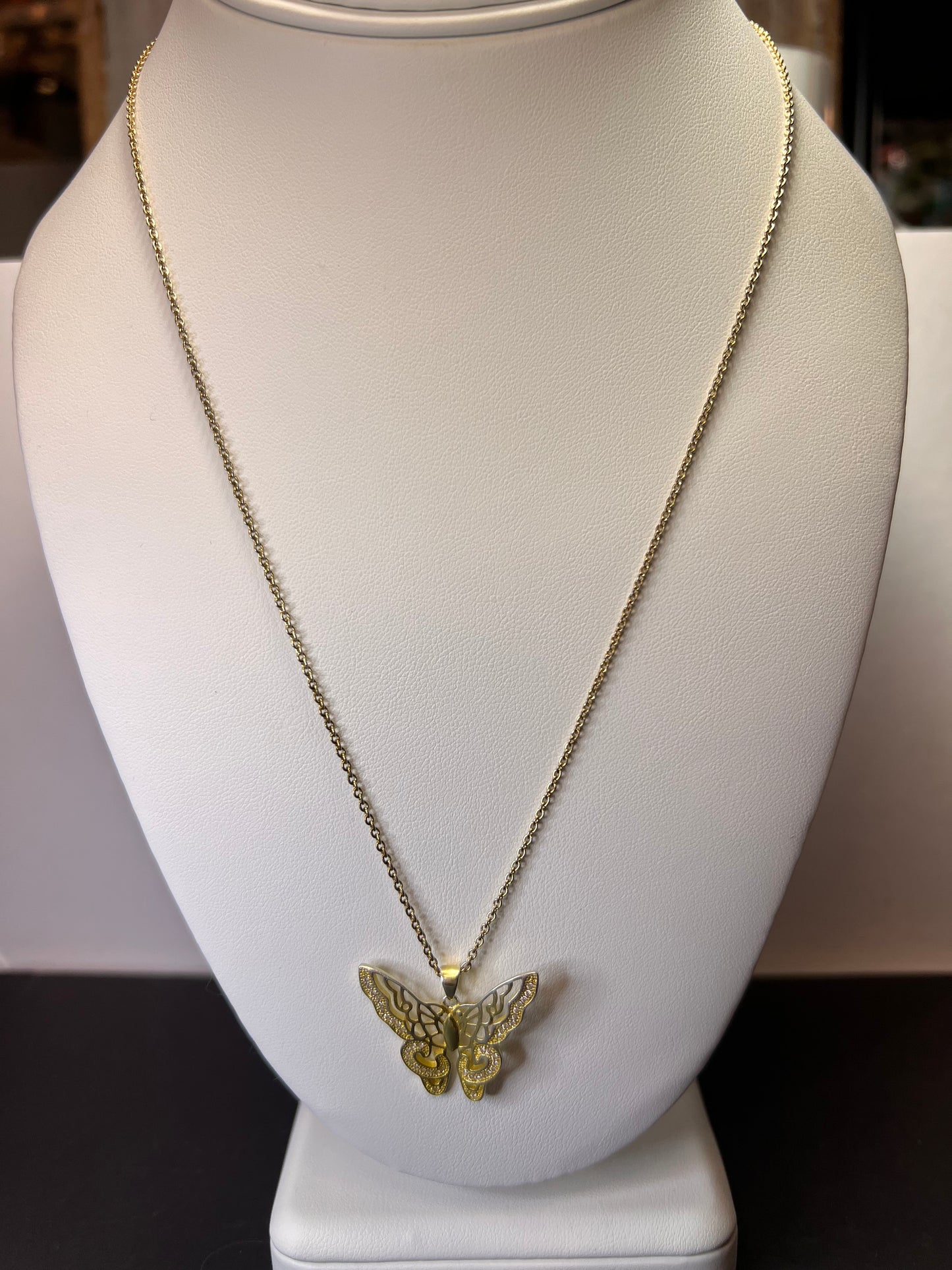 Butterfly CZ gold over sterling silver pendant and chain necklace