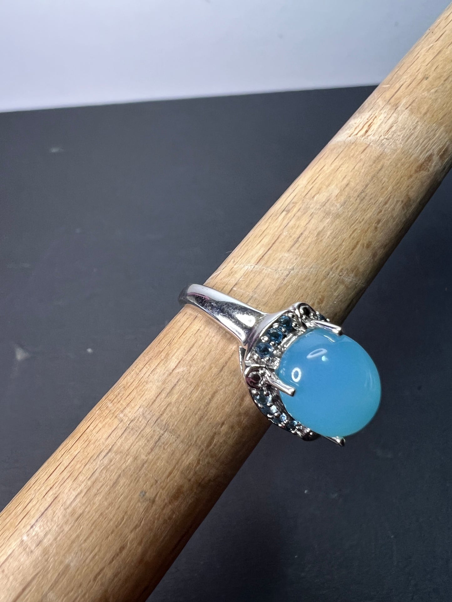 Aqua blue chalcedony blue topaz sterling silver halo ring size 7