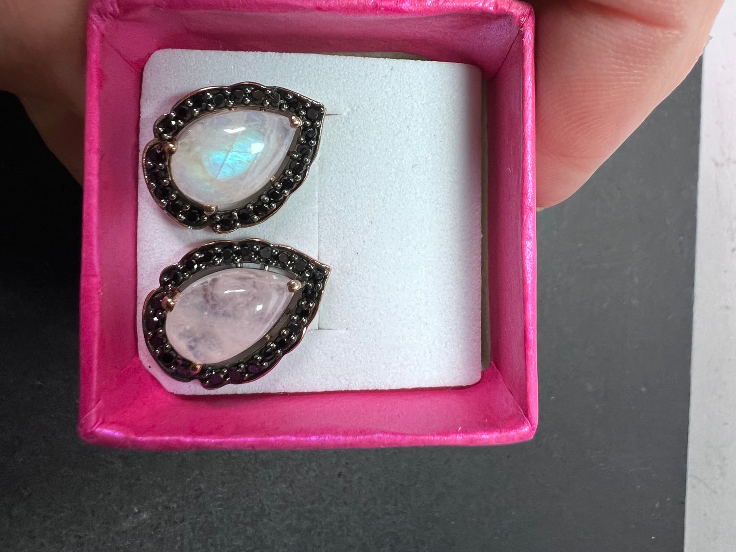 Rainbow moonstone and black spinel tear drop stud halo earrings in rose gold over sterling silver