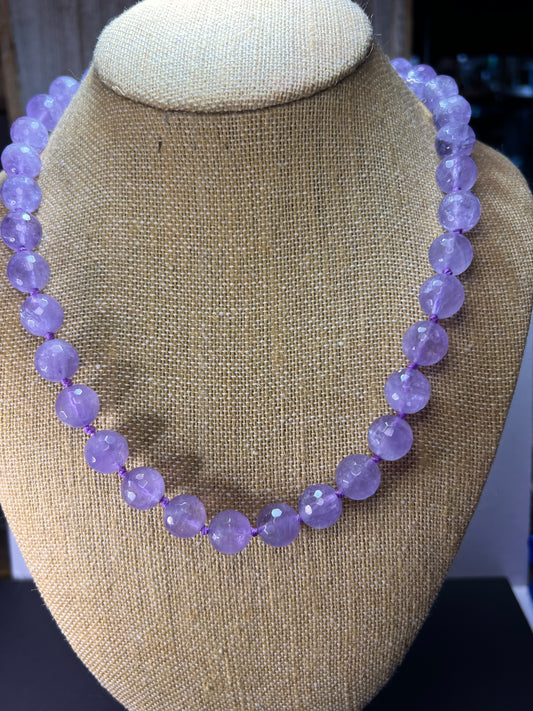 Faceted lavender amethyst knotted necklace with sterling clasp