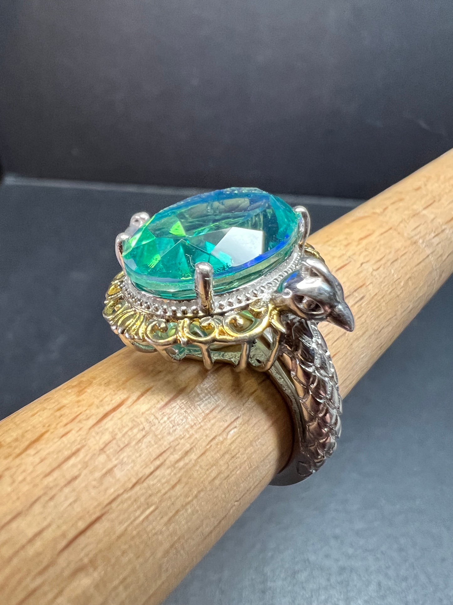 Sterling Silver Peacock Quartz Statement Ring Size 9