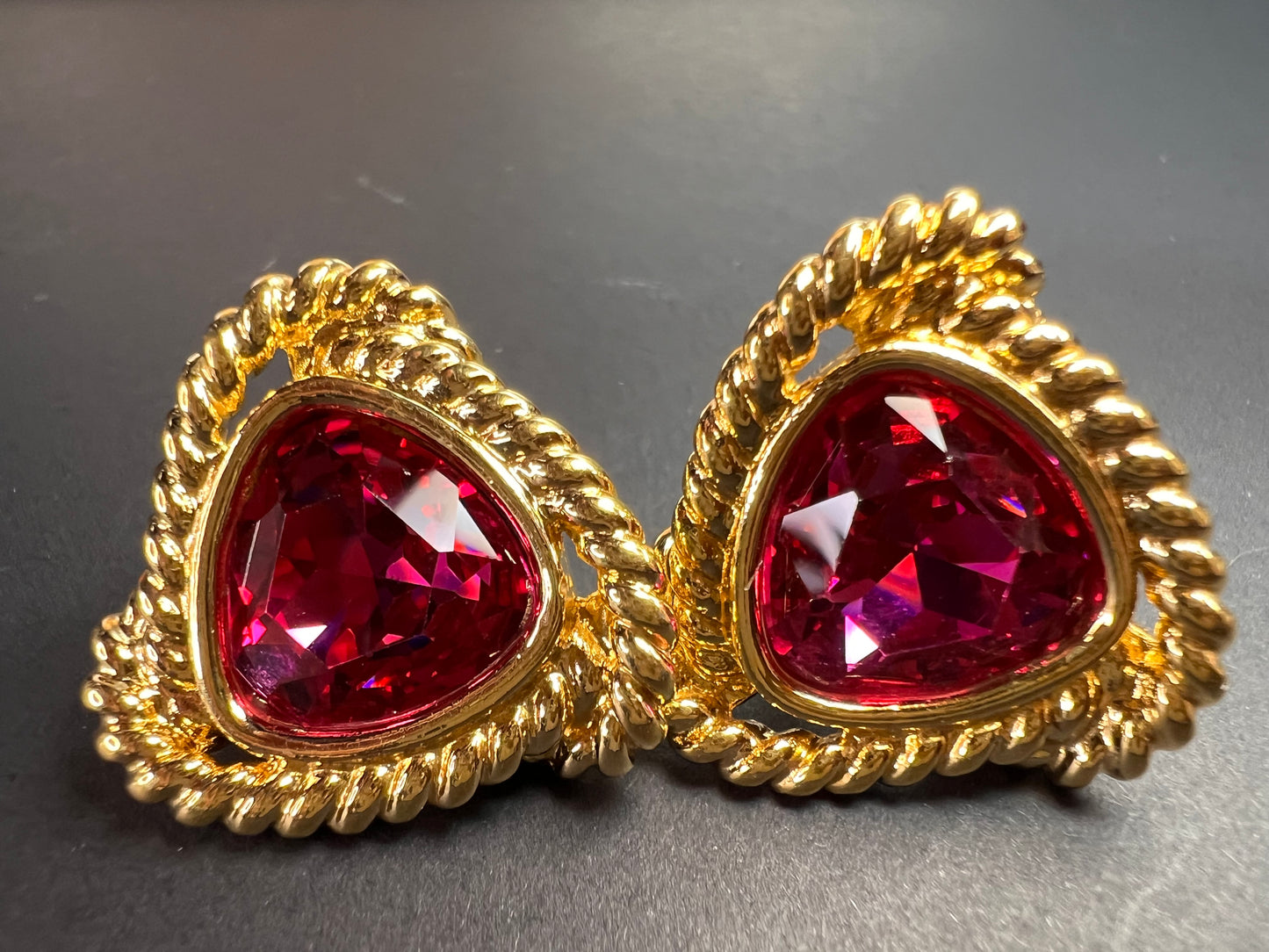 Vintage Swarovski Magenta Crystal Gold Tone Rope Post Earrings