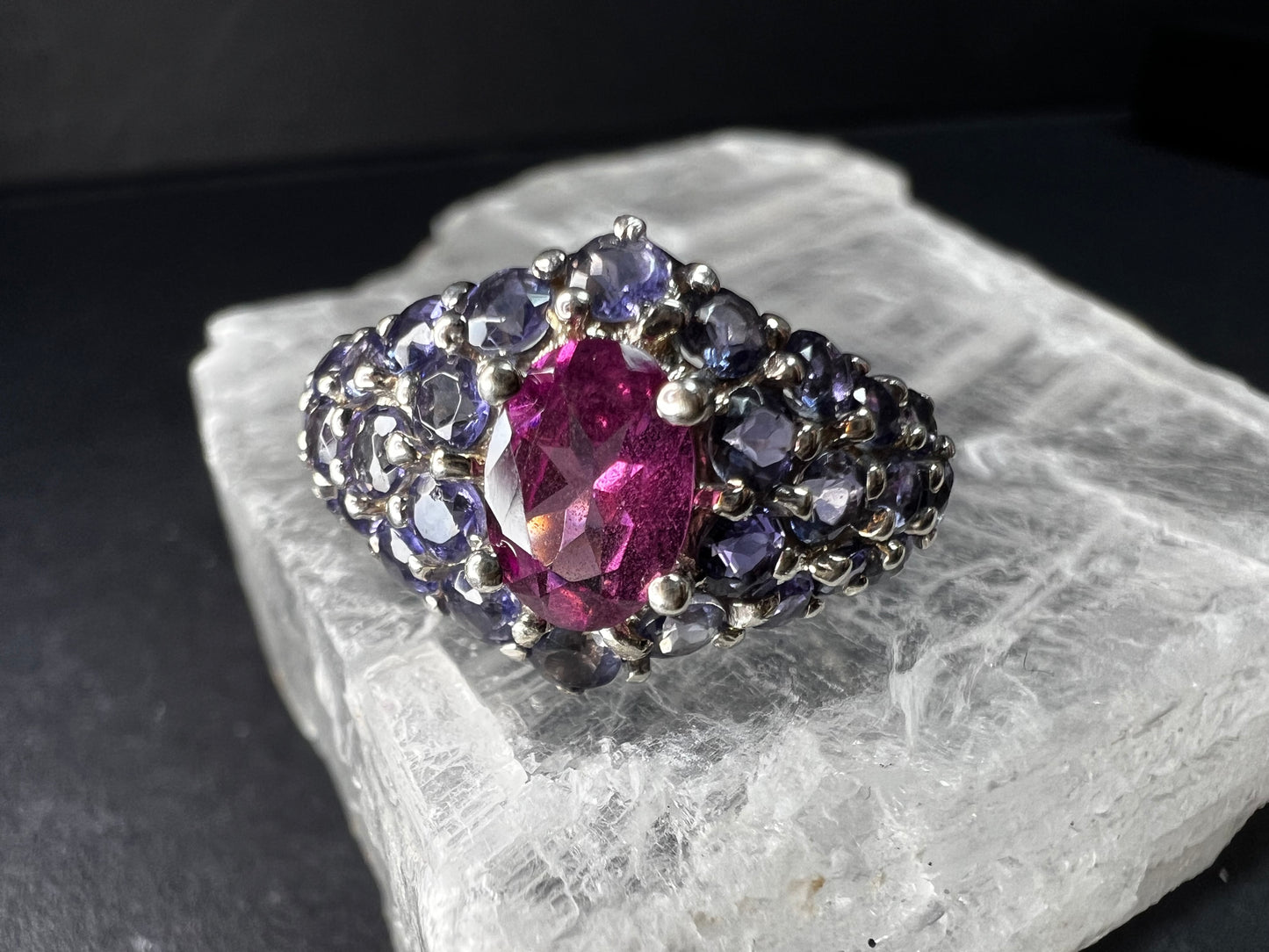 Pink Tourmaline Tanzanite Sterling Silver Cluster Ring Size 7