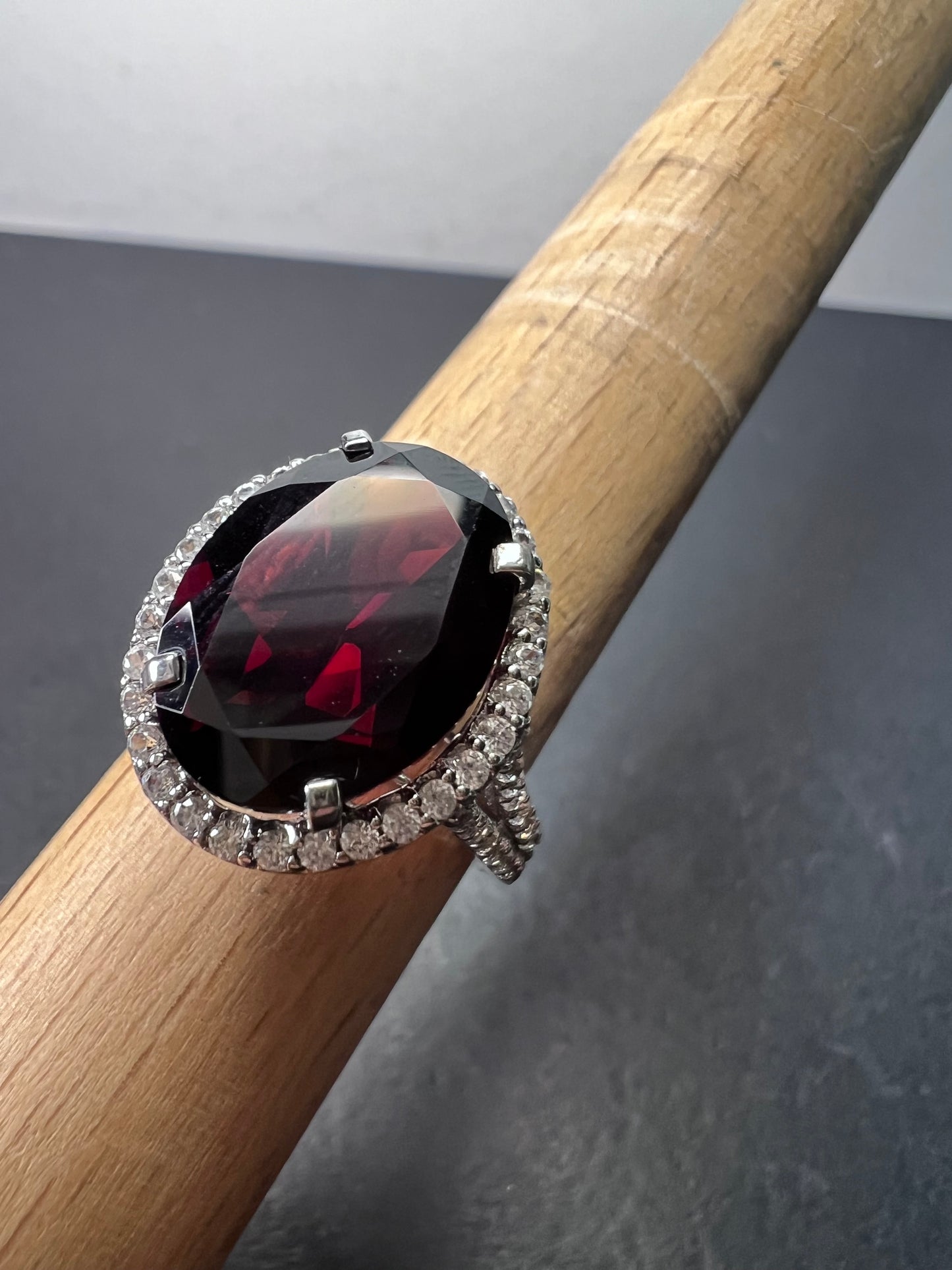 Garnet and zircon sterling silver halo ring size 9