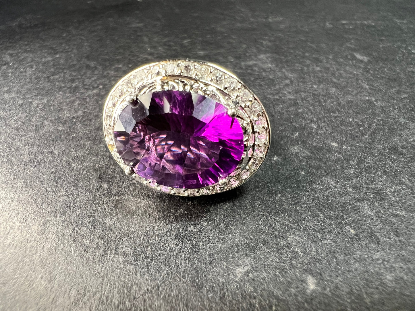 Sterling Silver Purple Fluorite & White Topaz Halo Ring Size 6